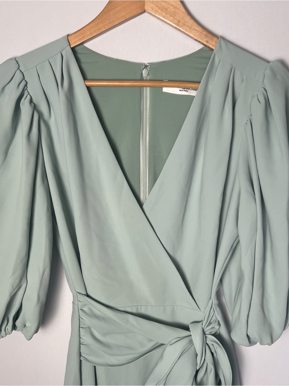 Amanda Uprichard Revolve Alida Mini Wrap Tie Dress Thyme Green XS Balloon Sleeve - Picture 3 of 10